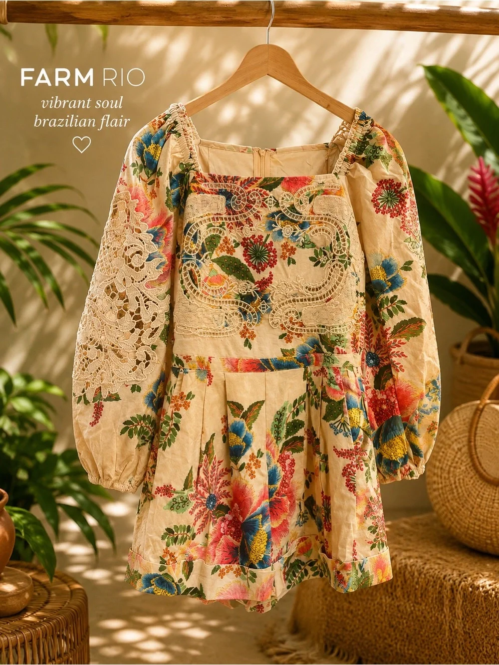 FARM Rio Cream Floral Puff-Sleeve Romper with Lace